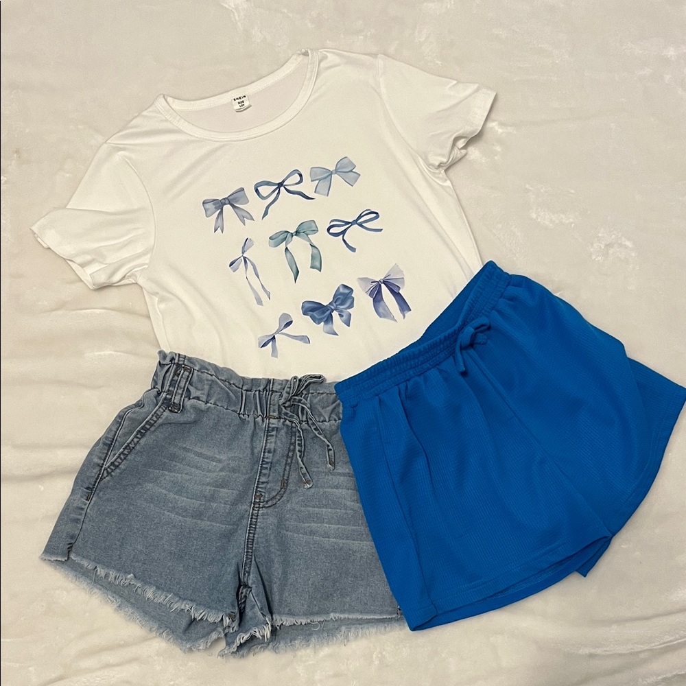 Shein Girls 3-Piece Outfit | Bow Tee + Denim & Blue Shorts | Size 10 | GUC